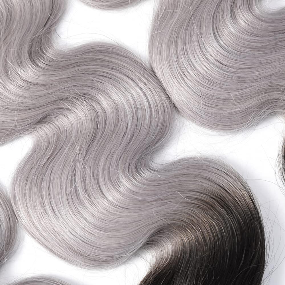 Freiuoke Silver Bundles Ombre Body Wave Human Hair Bundles Brazilian Grey Body Wave Bundles Virgin Hair 3 Bundles 18 20 22 Inch Two Tone Grey Hair Extensions 1B/Grey Bundles