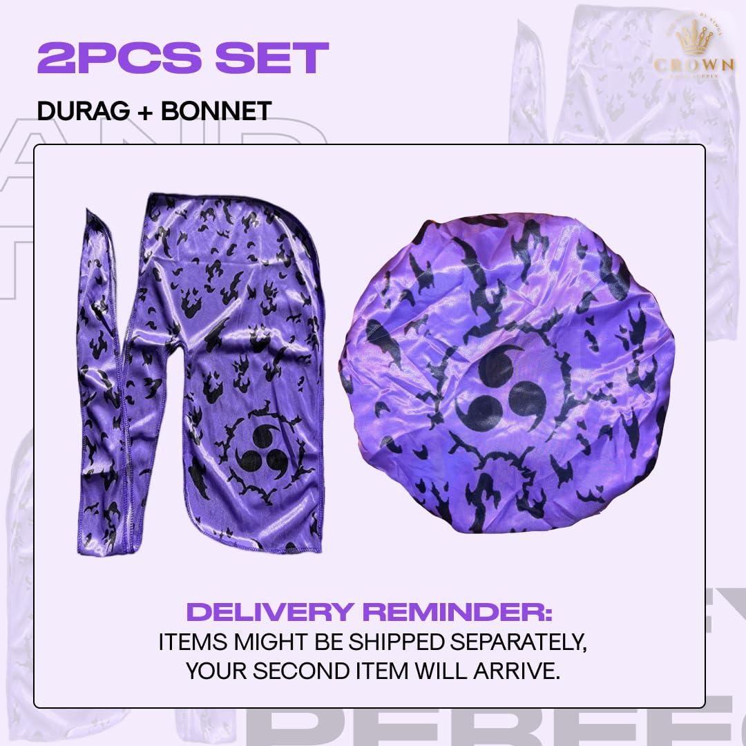 FOR KINGS. BY KINGS CROWN LMTD SUPPLY Anime Durag and Silk Bonnet 2pcs Set for Men Women, Silky Design Satin with Fabric Comfort Compression, Cursedmark