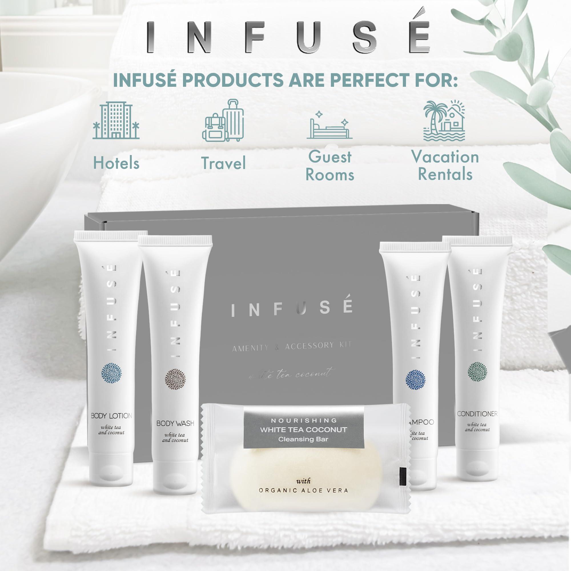 Terra Pure Infuse Amenity Kit | Hotel Bulk Toiletries | 1 oz Shampoo, Conditioner, Lotion, Body Wash, Cleansing Bar Soap for Guest Hospitality Vacation Rentals | 15 Sets/Case
