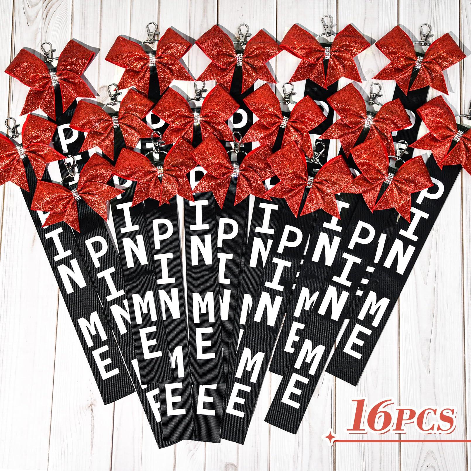 Aileam Aileam 16 PCS Cheer Pin Me Ribbon with Rhinestones, Red/Black Bag Bow Keychain, Hair Tie for Cheerleading Sports Accessory