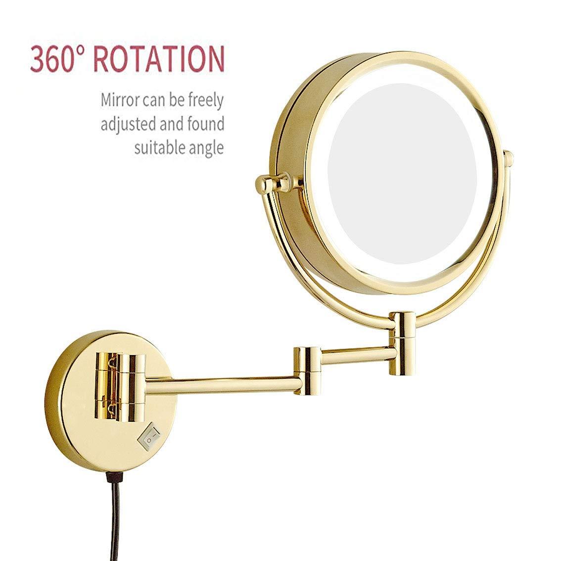 ROWITA ROWITA Wall Mounted Makeup Mirror 3X Magnification, Magnifying Vanity Mirror with LED Lights, Flexible Gooseneck, and Locking Suction, Extendable Arm,for Girls (Color : Gold)
