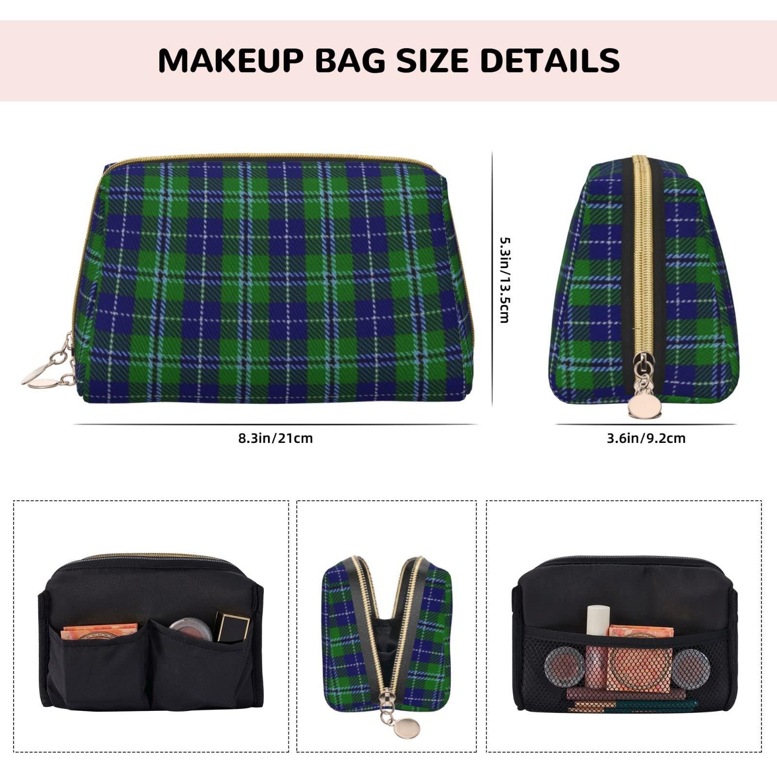 MIZIBAO Small Makeup Bag for Purse, Clan Douglas Tartan Plaid PU Leather Travel Cosmetic Pouch, Portable Toiletry Bag for Women Girls Daily Storage Organizer