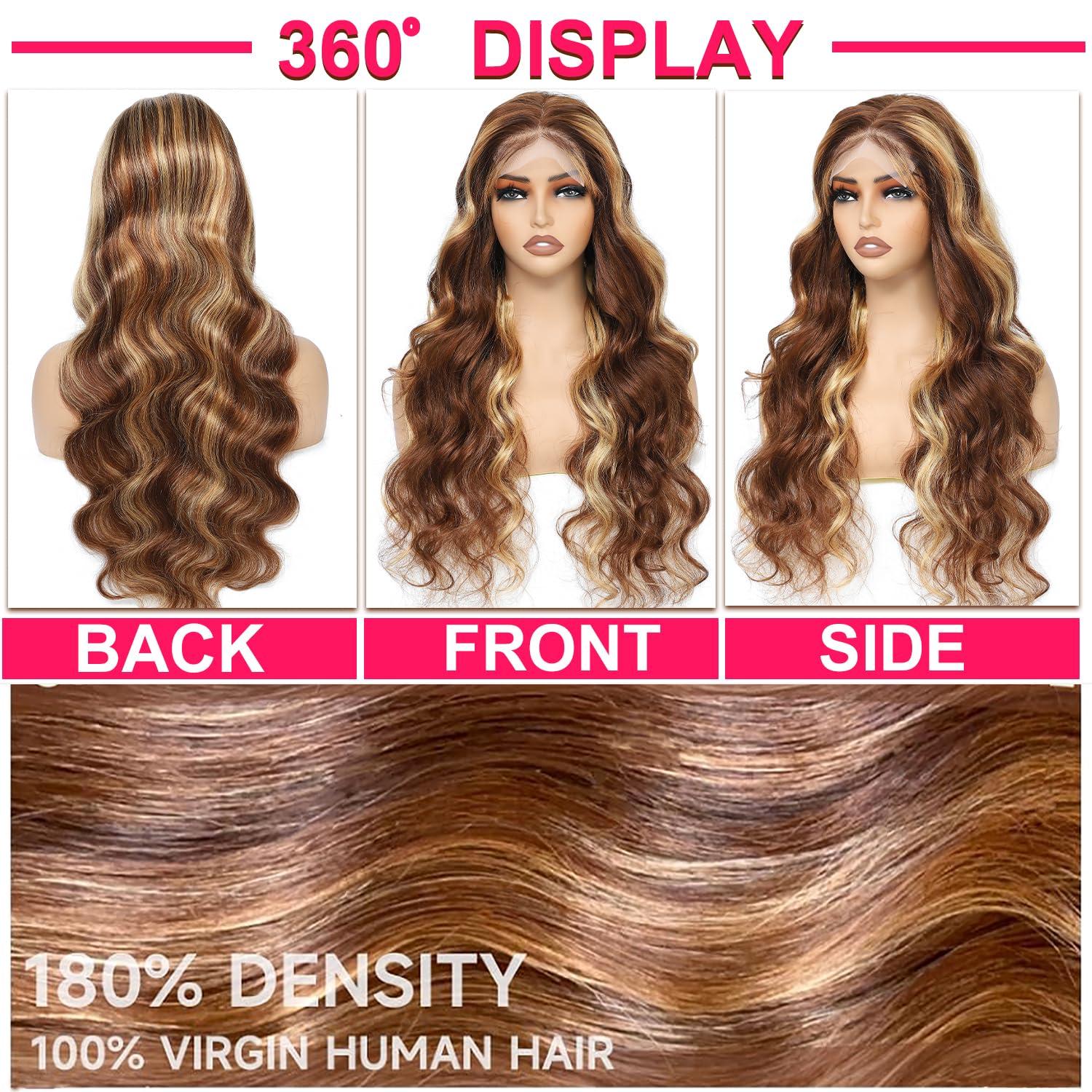 AILICEEHR AILICEEHR 30 Inch Highlight Ombre 5x5 Lace Closure Wigs Human Hair Body Wave P4/27 Honey Blonde Glueless Wigs Human Hair Pre Plucked HD Lace Front Balayage Colored Wigs Human Hair 180% Density