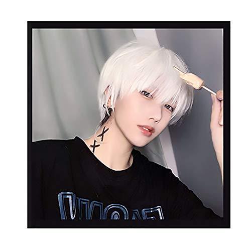 WYH Human Hair Wigs Mens Wig Cosplay Costume Fluffy Wavy Wigs White Wig Synthetic Hair Fancy Dress Stylish Party Youngs Freetress Wigs (Color : White)