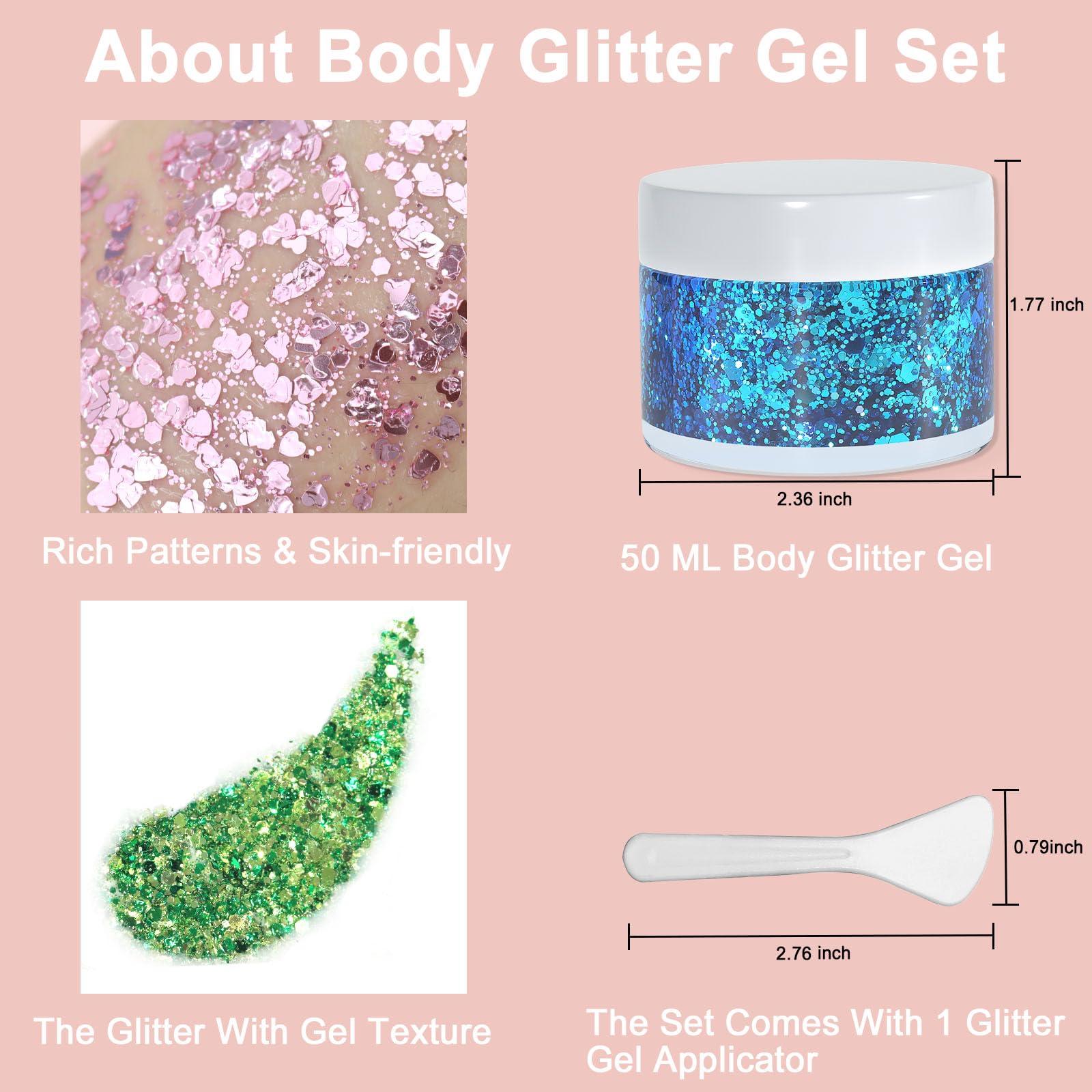 Boko Boko 50ML Body Glitter Gel, Green Mardi Gras Mermaid Chunky Glitter Gel for Face Hair Body Makeup, Cosmetic Face Glitter Sequins for Mardi Gras Coachella Party Concert St Patricks Rave Accessories