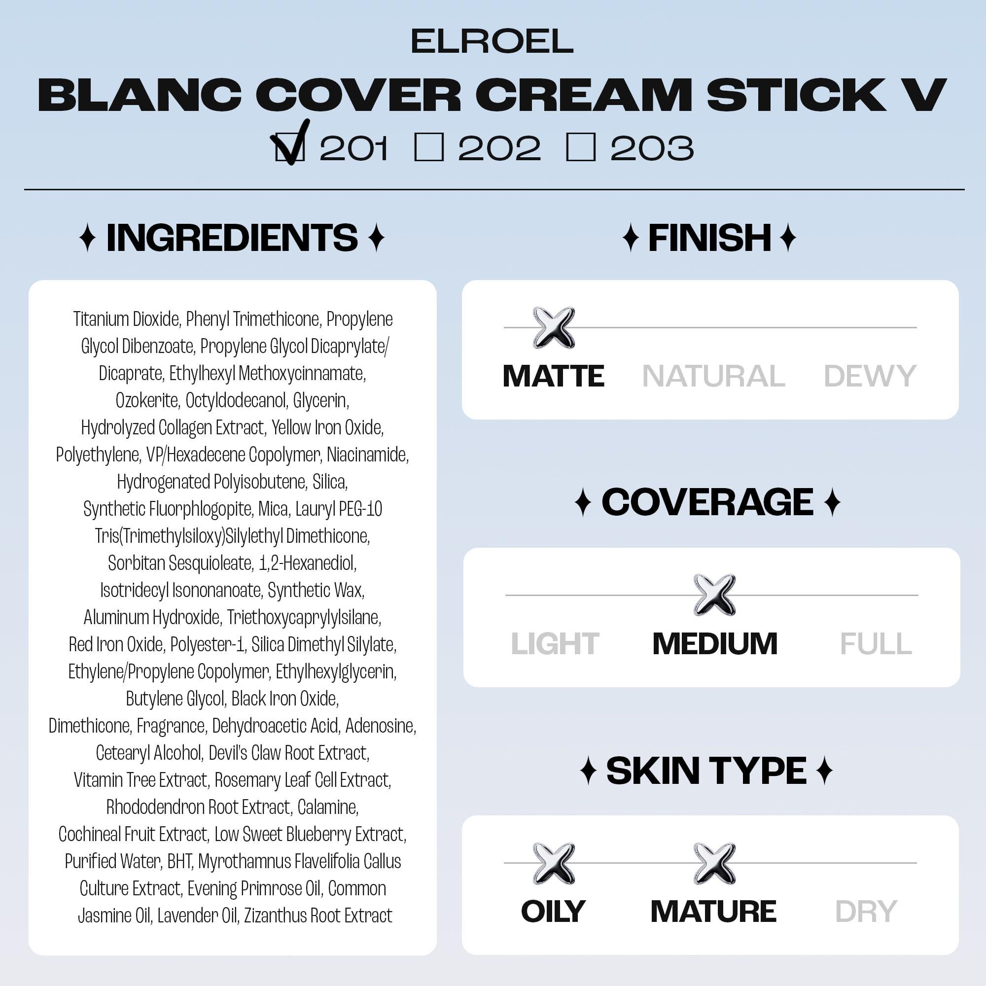 ELROEL BLANC Cover Cream Stick V - Korean Color-Changing Foundation with Detachable Brush - Full to Medium Coverage Base Makeup (201 Fair, 0.45 oz)