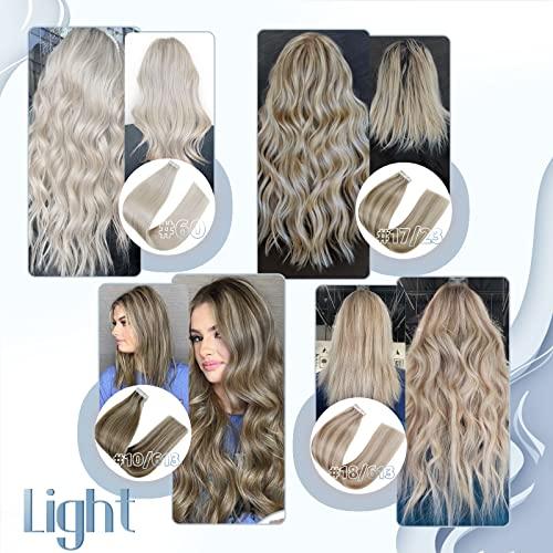 Hetto Hetto Tape in Hair Extensions Blonde Tape in Human Hair Extensions 18 Inch Pure Blonde Straight Tape on Hair Extension #60 Platinum Blonde 20Pcs 50g Skin Weft Tape