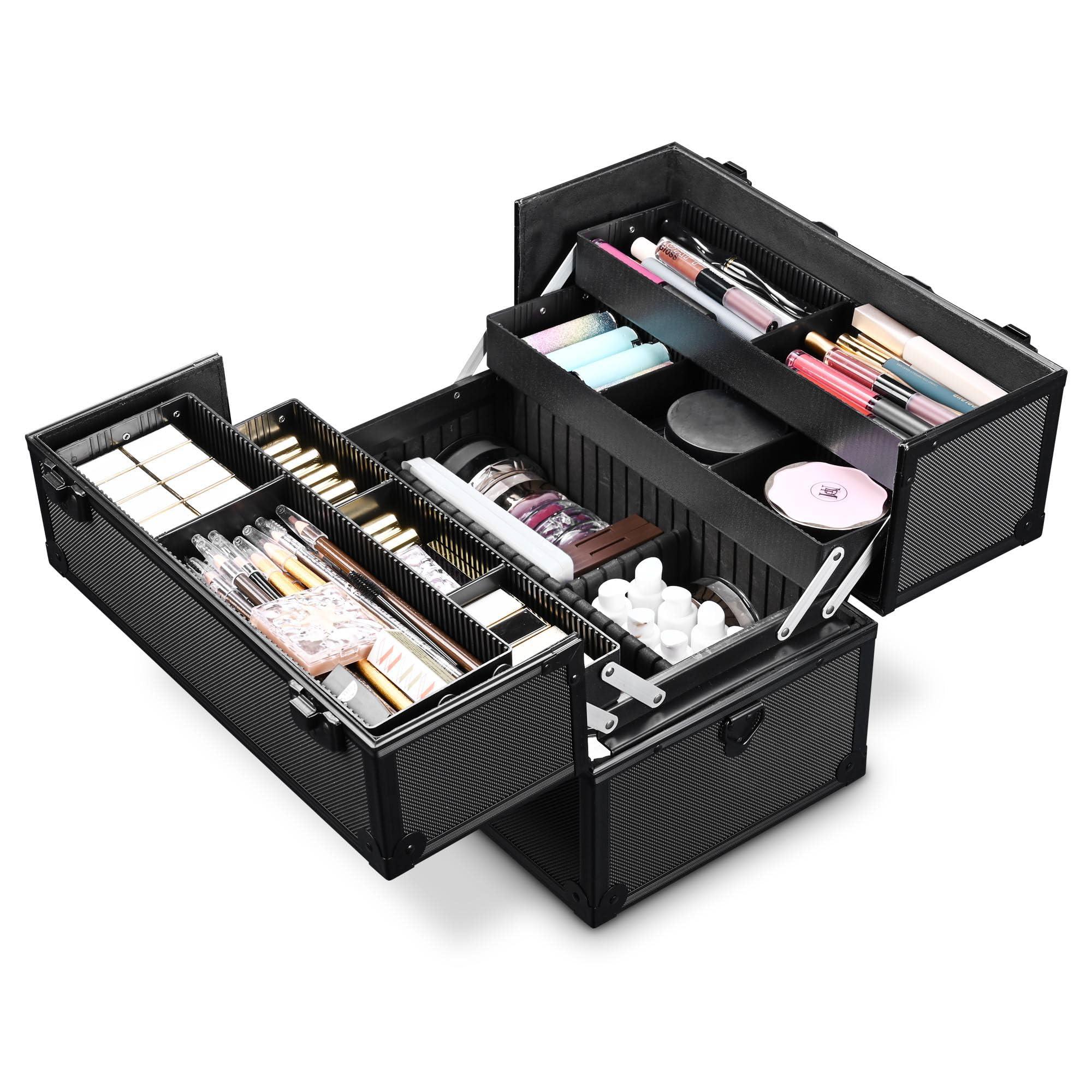 BYOOTIQUE BYOOTIQUE Makeup Train Case Pro Adjustable 4 Sliding Trays Cosmetic Case Storage Organizer Box Lockable Compartments 14 Inch Salon Beauty Large, Black