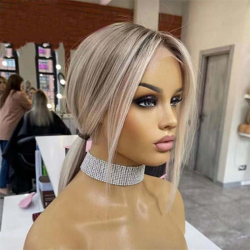 Generic 13X4 Silk Base Lace Front Wig Brown Ash Blonde Highlight Wig Lace Frontal Short Bob Human Hair Wigs For Women Highlight Wig 2 12inches#Silk Top 150 Density