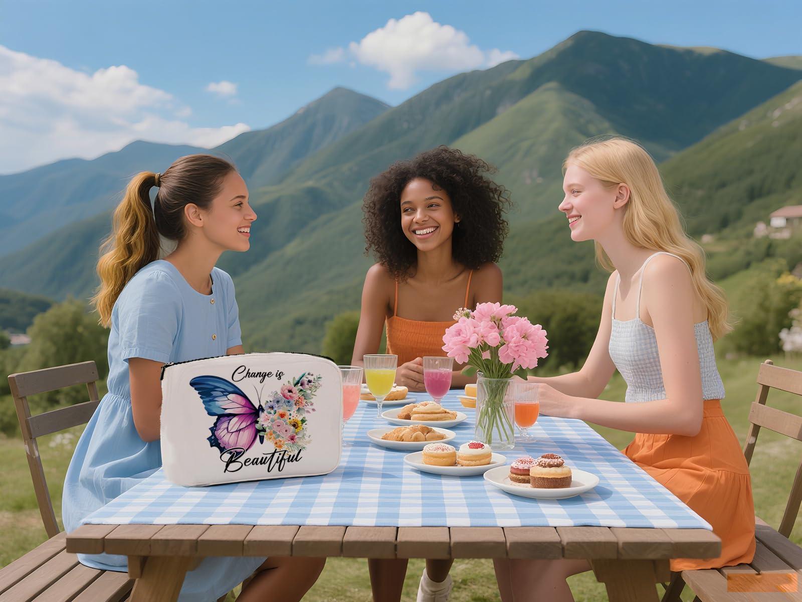 heshengzaixian heshengzaixian Butterfly Inspirational Quotes Makeup Bag for Gilrs Woman,Change is Beautiful Motivation Cosmetic Bag, Portable Waterproof Linen Toiletry Beauty Bag Travel Case Accessories Pouch