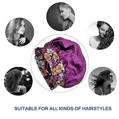 COSBAY 2PCS Satin Bonnets For Women,Soft Wide Elastic Band Silk Bonnet,Satin Silk Single Layer Large Satin Bonnet,Sleep Cap For Curly Hair,Satin Cap For Natural Braids Hair(Black+Wine Red)