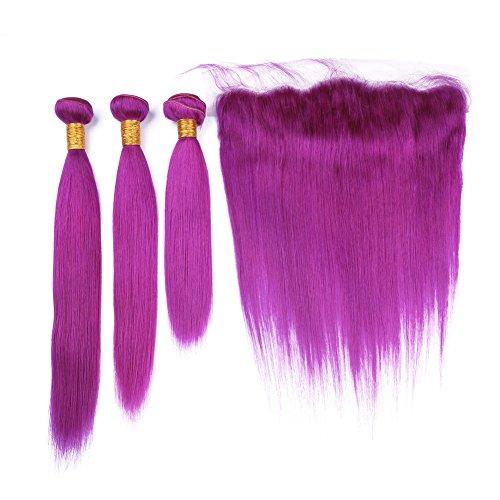Generic New Color Purple Silky Straight Human Hair Weaves With Free Middle Three Part Frontal 13x4 Unprocessed 9A Ear To Ear Frontal With Hair Extensions 3Bundles 4Pcs/Lot (14 14 14+12 inch frontal)
