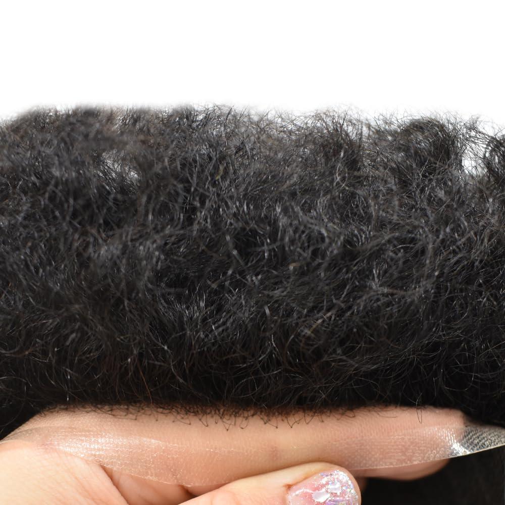 JUST HAIR French Lace Afro Hair Units for Black Men Hair Piece for African American Men Afro Wave Mens Toupee (8x10\'\'-120% Medium Light to Medium Density, 1# Jet Black-4mm afro tight curl)