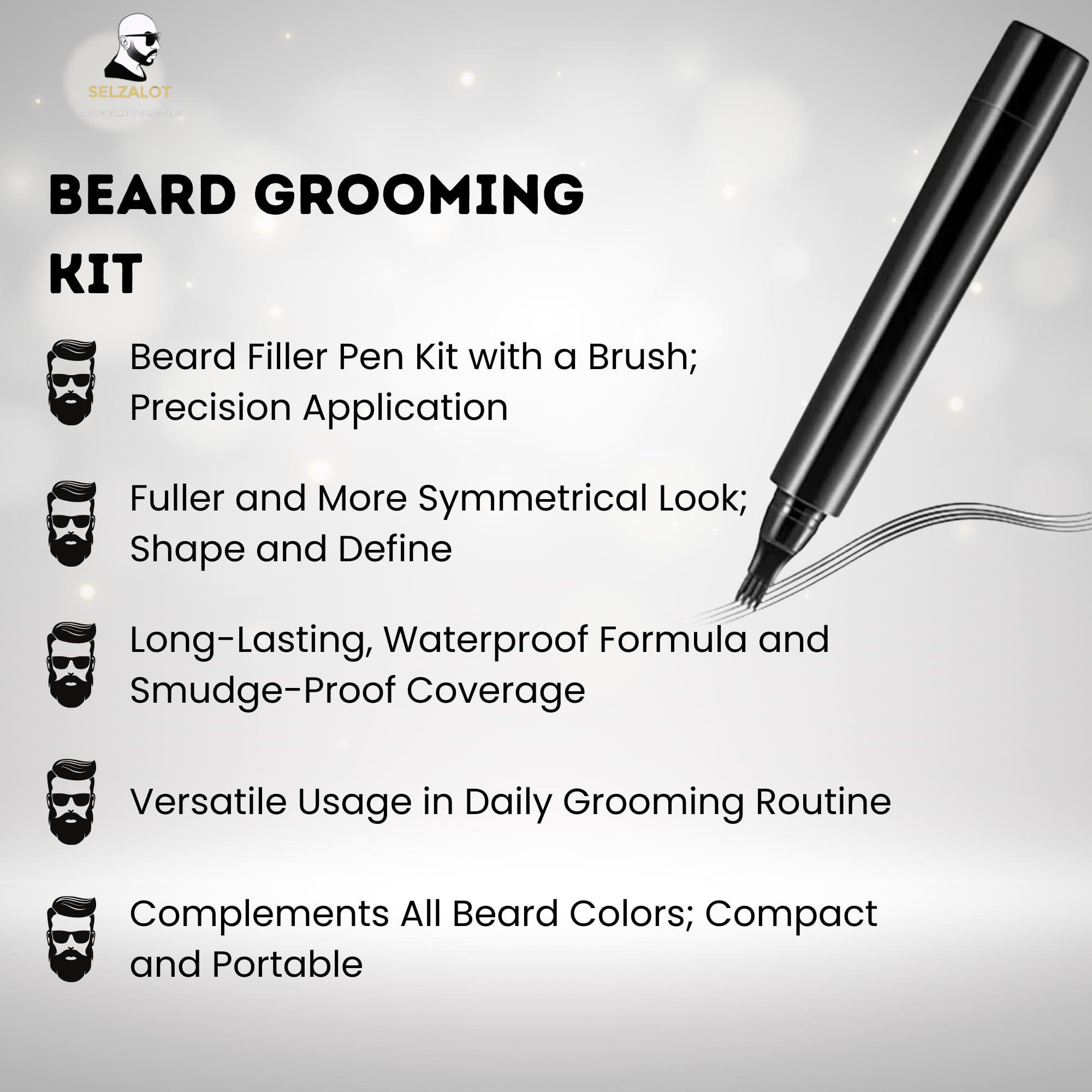 SELZALOT Beard Filler Pen kit Black Beard Pen with Brush Waterproof and Sweat Proof Barber Styling Pencil Long Lasting Marker Filler for Men Beard Grooming Kit Barber Accessories Beard Products