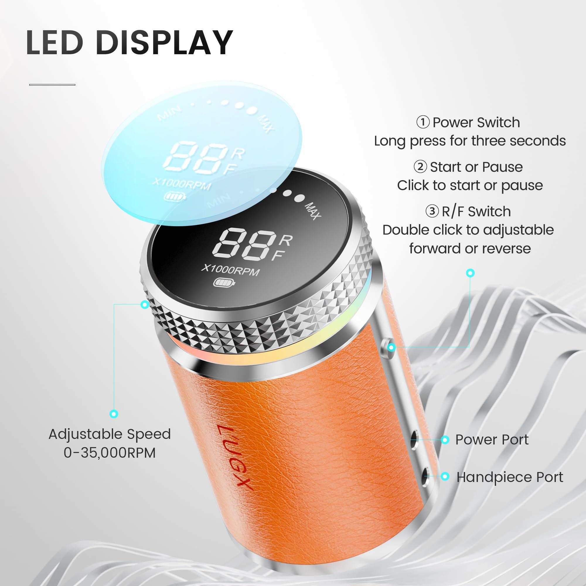 L\'UGX L\'UGX Professional Nail Drill, Waterproof 35000RPM Brushless Nail Drill Machine, Rechargeable Nail Efile for Acrylic Gel Nails, Low Noise and Low Vibration