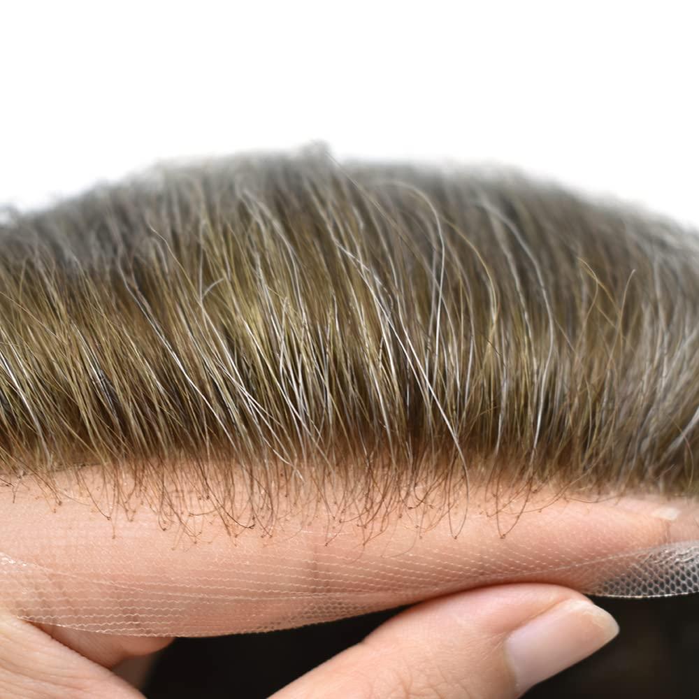 Generic Mens Toupee Hair System for Men Lace Front Toupee Hair Replacement Pieces Real Human Hair Mens Lace Hairpiece Bleached Knot Natural Hairline#1810 18# MEDIUM BLONDE+10% GRAY 100% density8x10