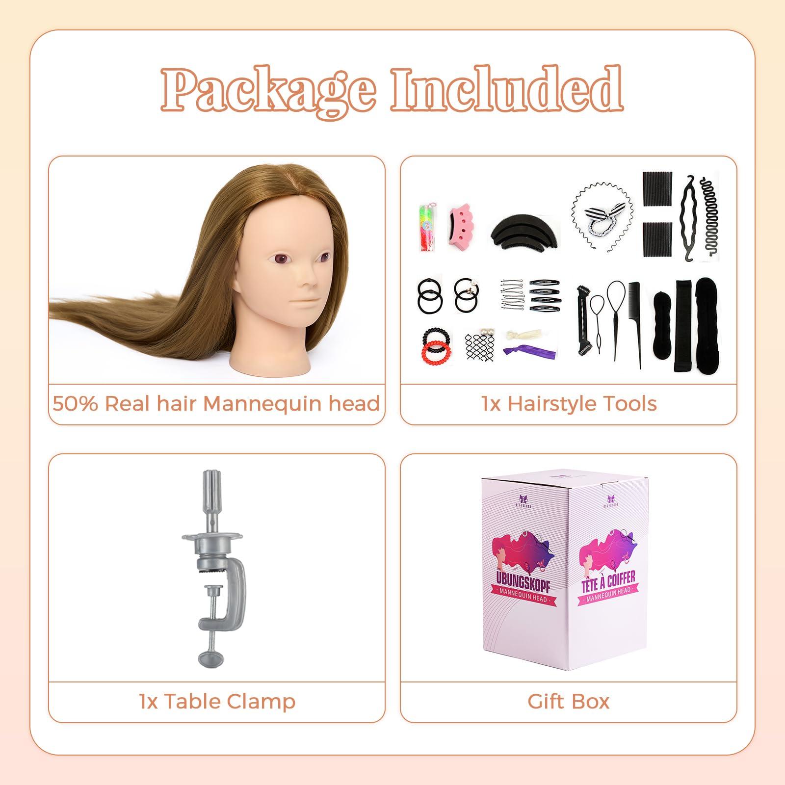 Neverland Beauty & Health Neverland Beauty Mannequin Head with 50% Real Human Hair, 26 Inch Cosmetology Mannequin Head with Hair for Makeup Braiding Curling Cuting, Make up Doll Head for Hair Styling with Table Clamp