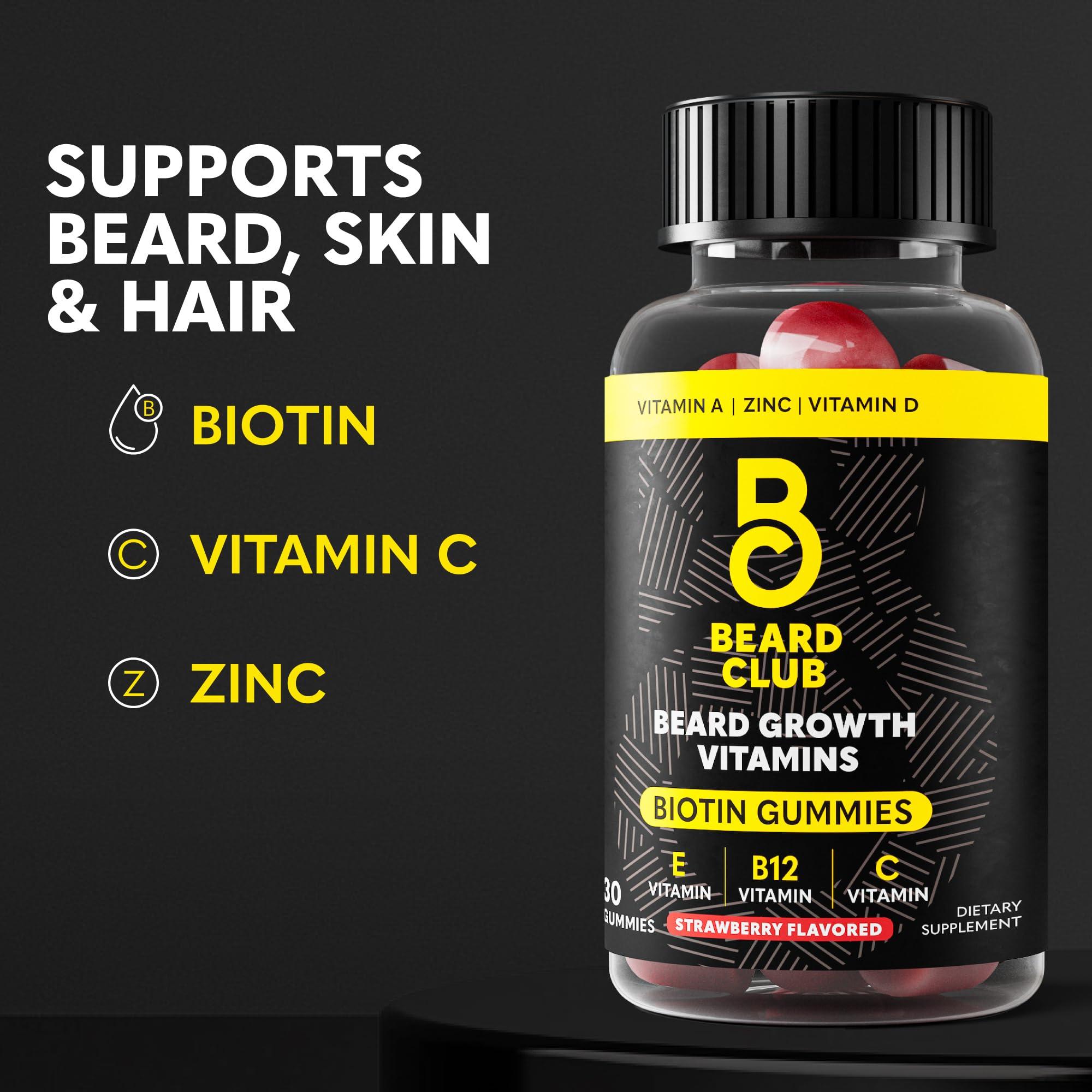 The Beard Club The Beard Club Biotin Beard Growth Vitamin Gummies - Beard and Hair Supplement for Men - Vitamins B12, E, & C to Support a Thicker Fuller Looking Beard - Mens Beard Care - Strawberry Gummy