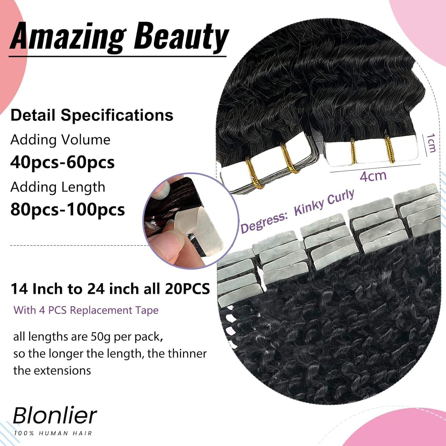Blonlier 20\" Tape Hair Extensions Human Hair, Kinky Curly Human Hair Tape in Hair Extensions 10A Natural Black 40PCS/100G/Pack Seamless Skin Weft Kinky Culy Hair Extensions Tape ins Hair for Women