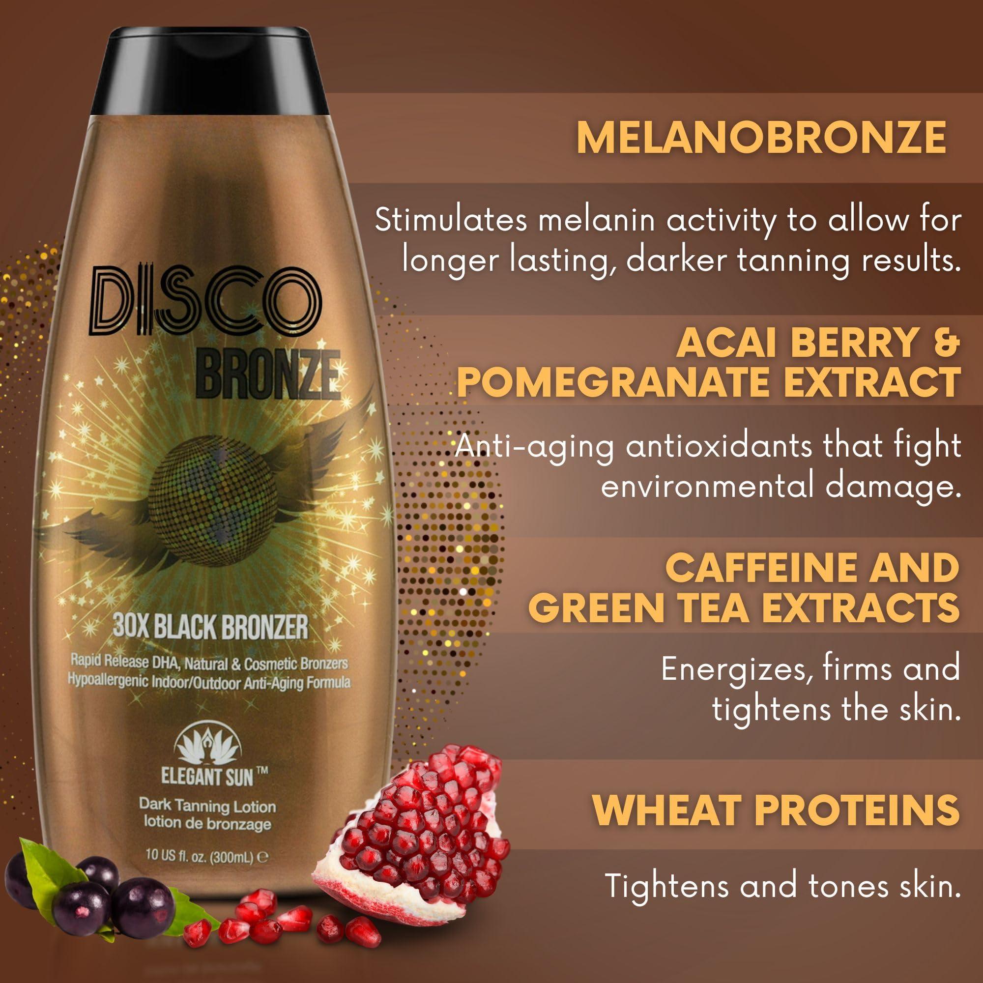 Elegant Sun Disco Bronze Tanning Bed Lotion with Self Tanner 30X DHA, Indoor Tanning Lotion Accelerator for Tanning Beds, Hypoallergenic Outdoor Bronzing Tanning Lotion to Get Dark Fast
