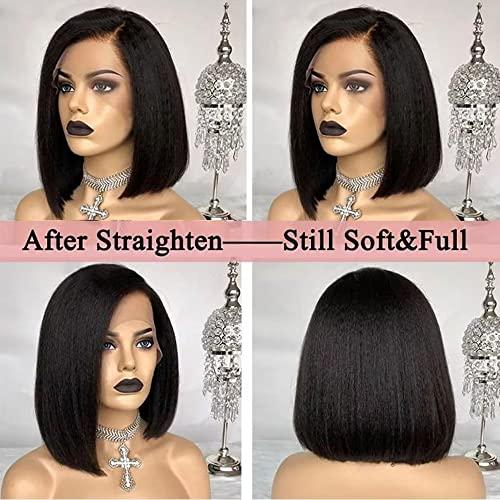 oulaer Brazilain Kinky Straight Human Hair Wigs For Black Women 13x6 Yaki Straight HD Transparent Lace Front Human Hair Wig Glueless Natural Hairline Pre Plucked Short Bob Wig 150% Density 8Inch