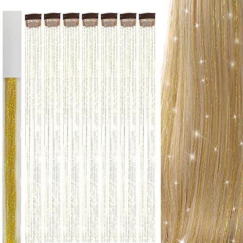 Newfacefure Gold Clip in Hair Tinsel Extensions Kit Heat Resistant, 19 Inch Glitter Fairy Tinsel for Hair with 6 Packs Clips on,Sparkly Hair Tensile Extension Accessories for Women Girls Kids(GOLD)