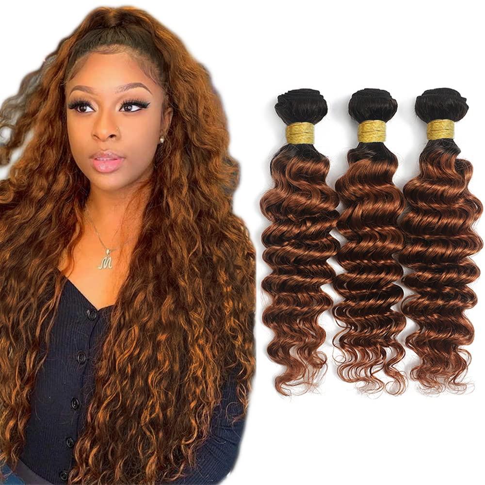 Seeuiegam Ombre 1b30 Deep Wave Human Hair 3 Bundles 24 26 28 Inch Tow Tone Black To Brown Brazilian Remy Hair Grade 8A Human Hair Weaves 3 Bundles Deep Wave Hair Bundles For Women