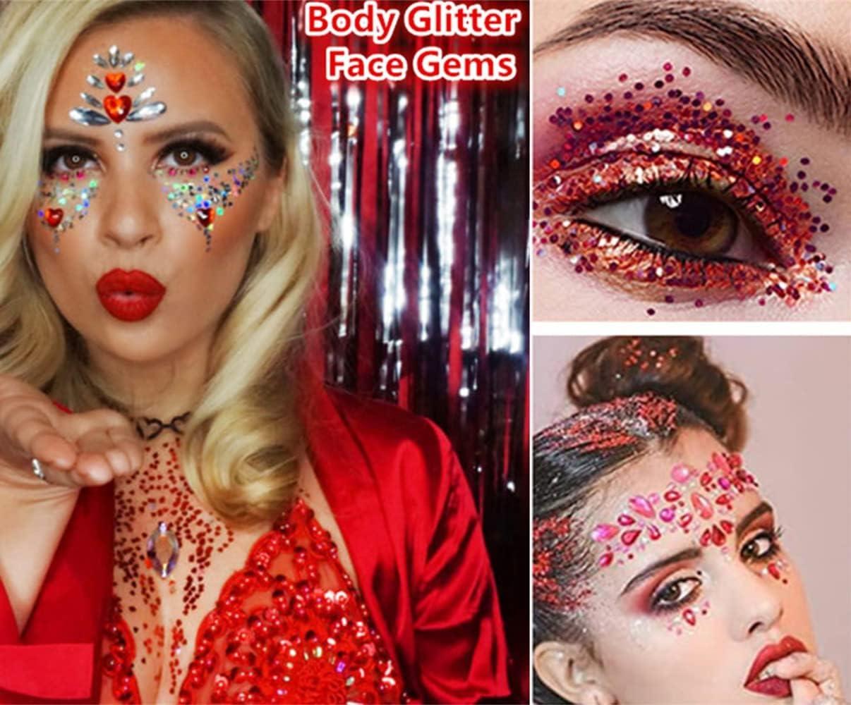 Go Ho Go Ho Red and White Body Glitter Set,Singer Concerts Face Glitter Gel Makeup,Holographic Long Lasting Chunky Sequins Glitters for Eye Lip Hair Nails,Festival Rave Accessories,Red&White