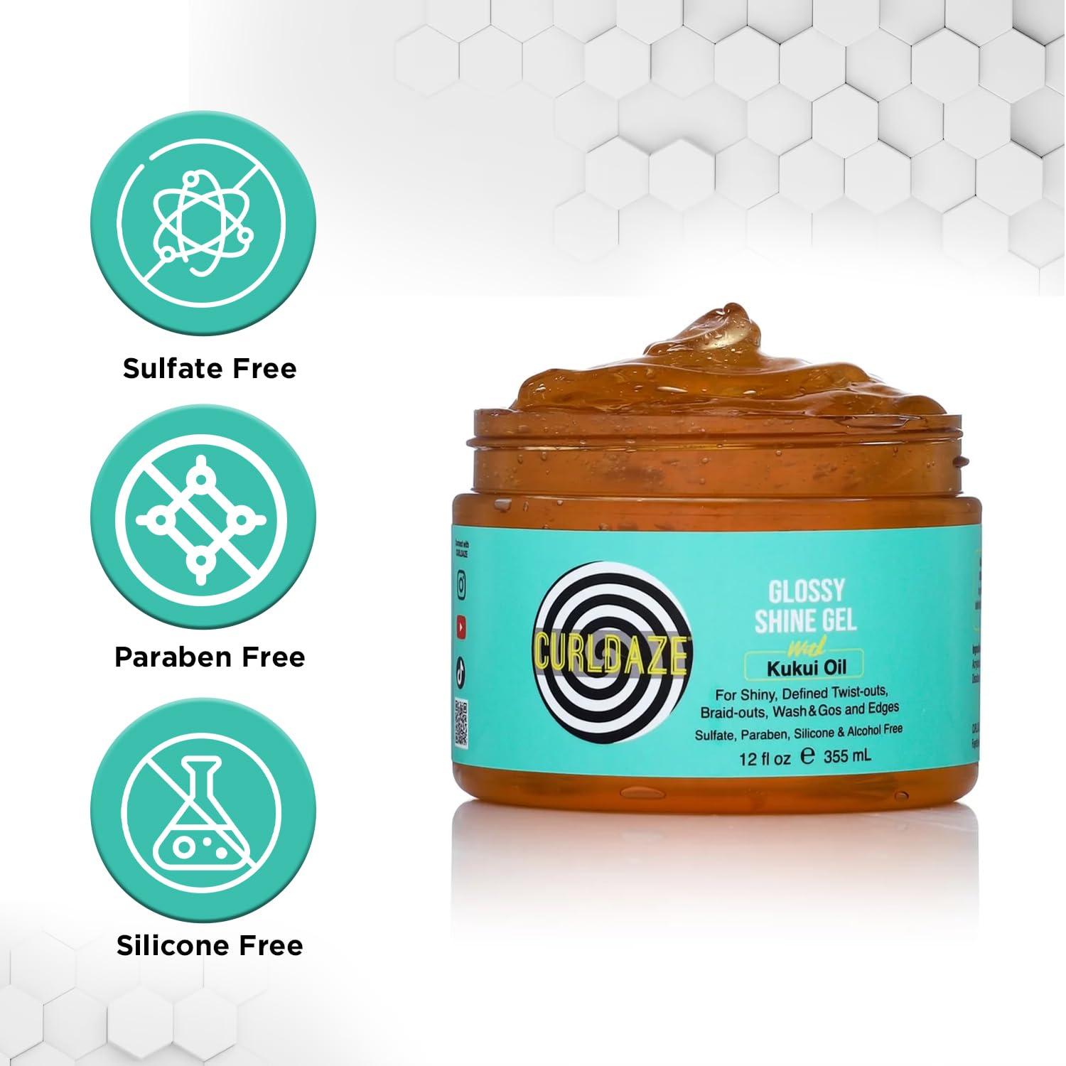 Curldaze Curldaze Glossy Shine Gel with Kukui Oil, Vitamins A, C, & E, Defines Curls in Twist-Outs, Braid-Outs, Wash & Gos, Controls Frizz & Edges, Shines, Moisturizes, Protects & Renews Dry or Damaged Hair