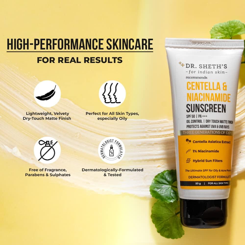 Dr. Sheth\'s Dr. Sheths Centella & Niacinamide Oil Control Sunscreen with SPF 50 & PA+++ | Gel Based Formula with Dry Touch Matte Finish | Ideal for Oily & Acne-Prone Skin | 1.76 Oz/50 g