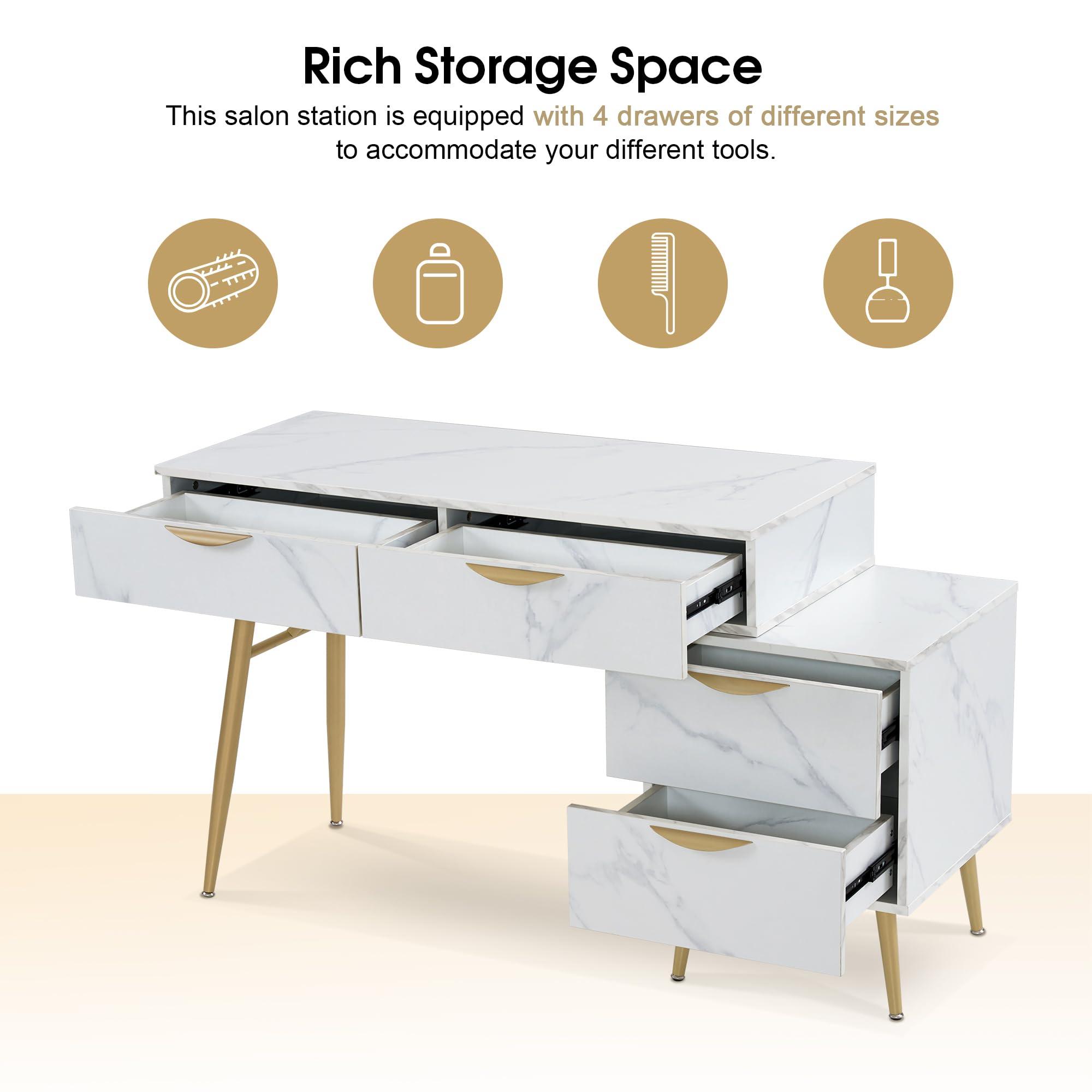 BarberPub BarberPub Salon Spa Station for Hair Stylist, Barber Station with Metal Support Legs and Golden Handles, Wall Mount Styling Cabinet, Beauty Storage Organizer 3174 (White)