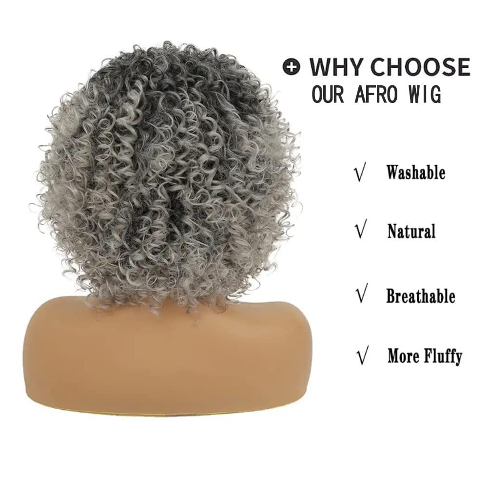 Kaneles Kaneles Short Grey Kinky Afro Wig for Black Women Synthetic Mixed Gray Wigs with Bangs Hair Shoulder Length Kinky Afro Curly Wig for Daily