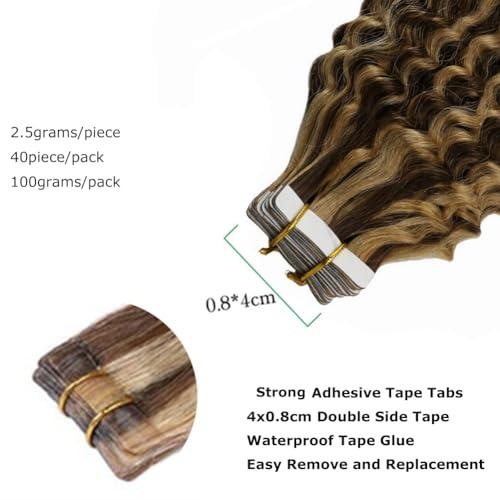Kiss darling LASHES Jerry Curly Tape In Human Hair Extensions 10inch 100g/40pcs, Chocolate Brown Highlighted to Caramel Blonde Color Curly Hair Seamless, Reusable Tape Hair Extension