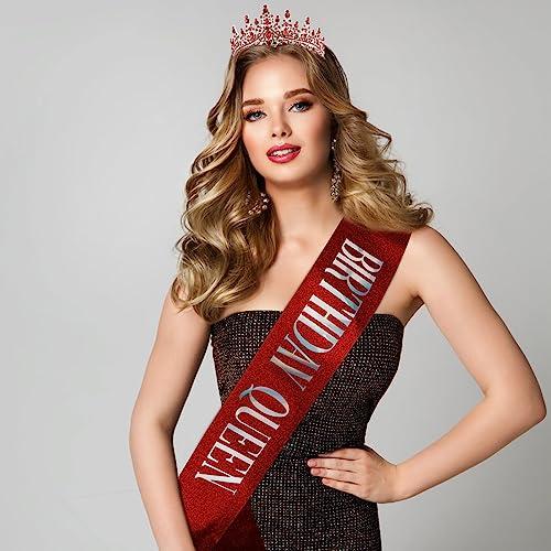 TIHEBAX Tihebax Birthday Queen Sash & Rhinestone Tiara Red Sliver Crown Birthday Sash and Tiara for Women Girls Princess Tiara Crown Birthday Accessories Headband and Sash for Girls