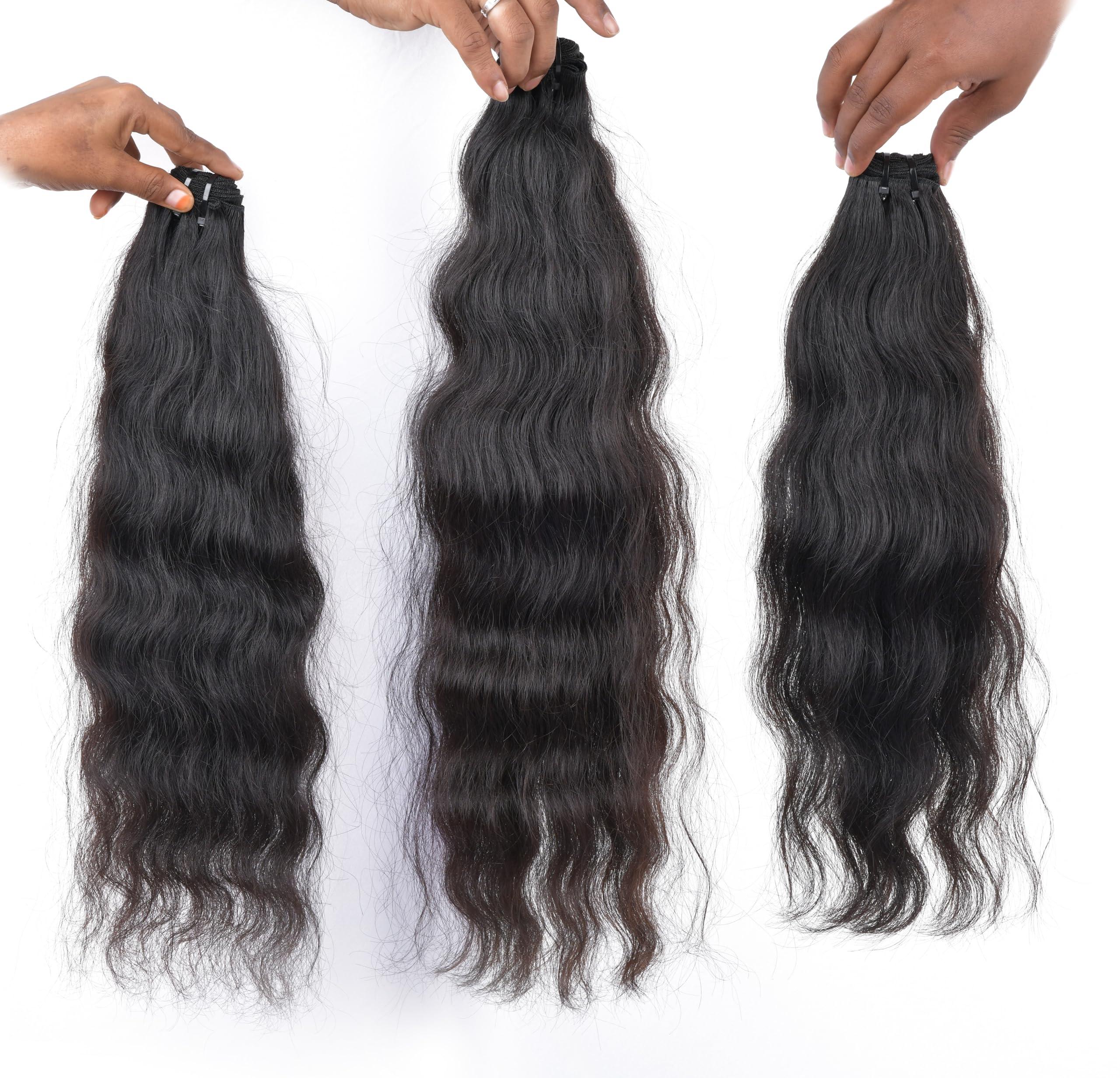 SRI KARKY EXIM GAYURA HAIR 100% Natural Indian VirginTtemple Raw Hair Extensions Unprocessed and Not Treated of Chemicals Single Donor Weft Bundles Personal use Fashion Partys. (14\"\"16\"\"18\"\" Wavy 3 Bundle), Black