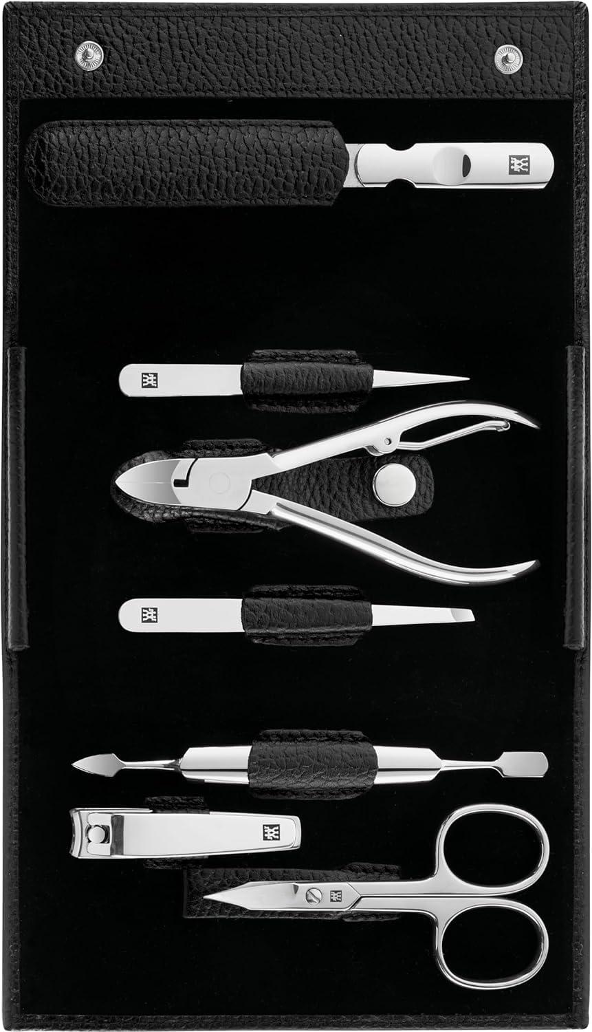 ZWILLING ZWILLING Beauty Classic INOX 8-Piece Manicure and Pedicure Nappa Leather Case with Snap Closure, Nail Care Kit, Premium Travel Nail Set, Black