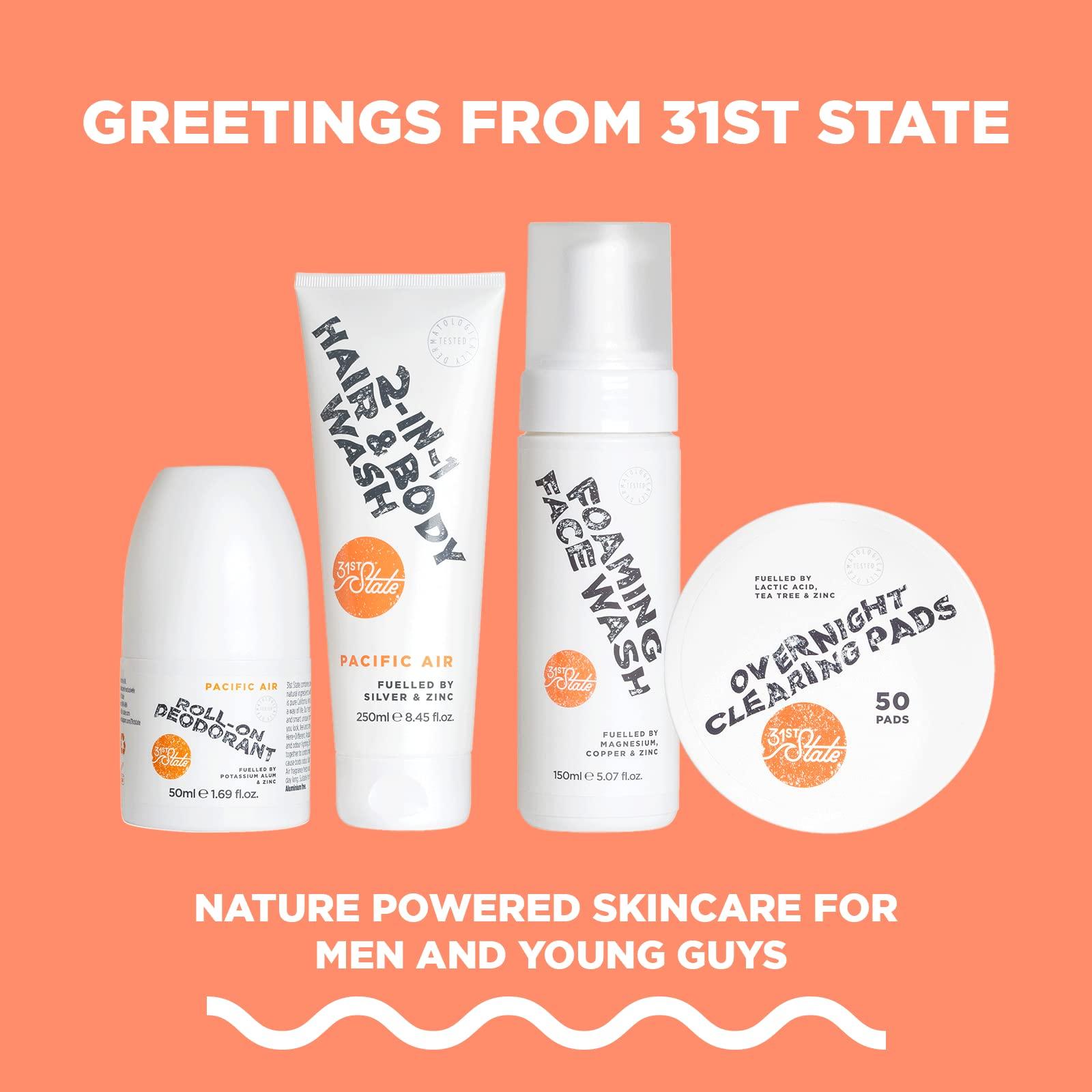 31st State 31st State Skincare Grooming Gift Set - Core Four Foaming Face Wash (150ml), 2-IN-1 Hair & Body Wash (150ml), Overnight Clearing Pads (50 Pads) & Aluminum Free Roll-On Deodorant (50ml), White