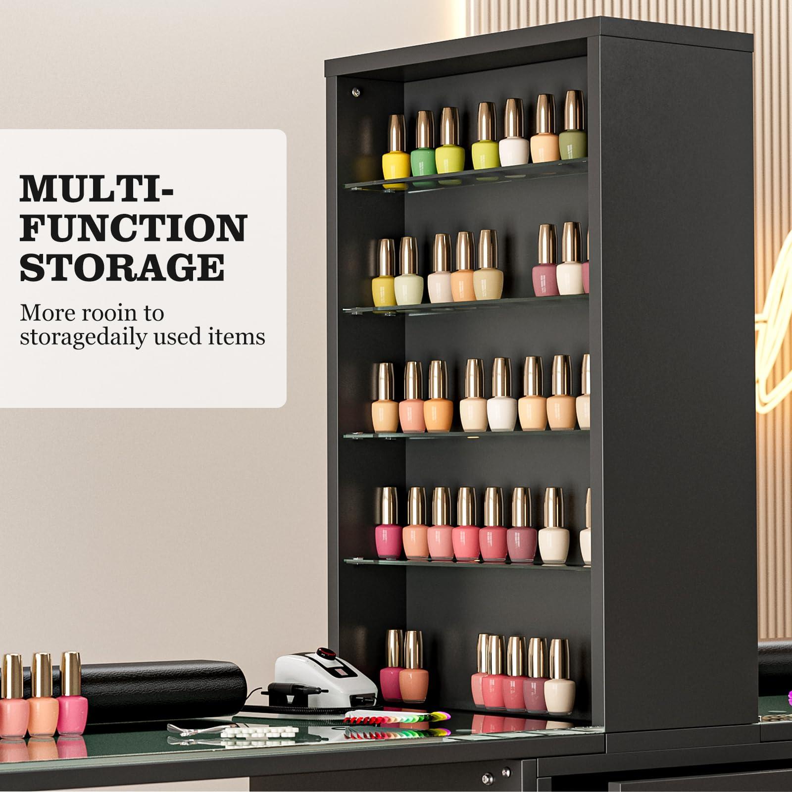 Paddie Paddie Double Manicure Table, Nail Desk for Nail Tech w/Glass Top & Wrist Rest, Nail Beauty Workstation w/3 Storage Drawers & 8-Tiers Open Shelves(Black)