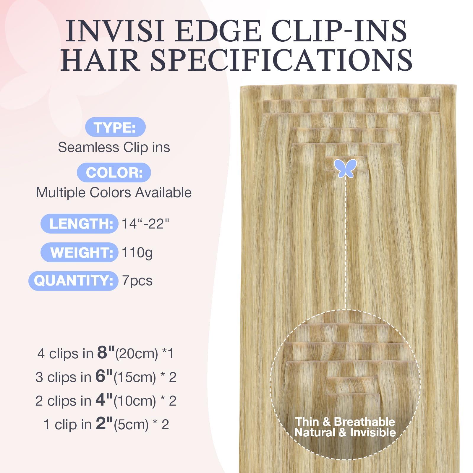 DOORES DOORES Seamless Clip in Hair Extensions 14 inch 110g 7pcs, Light Blonde Highlighted Golden Blonde Virgin Human Hair Clip in Extensions, Invisi Edge Clip in Hair Extensions
