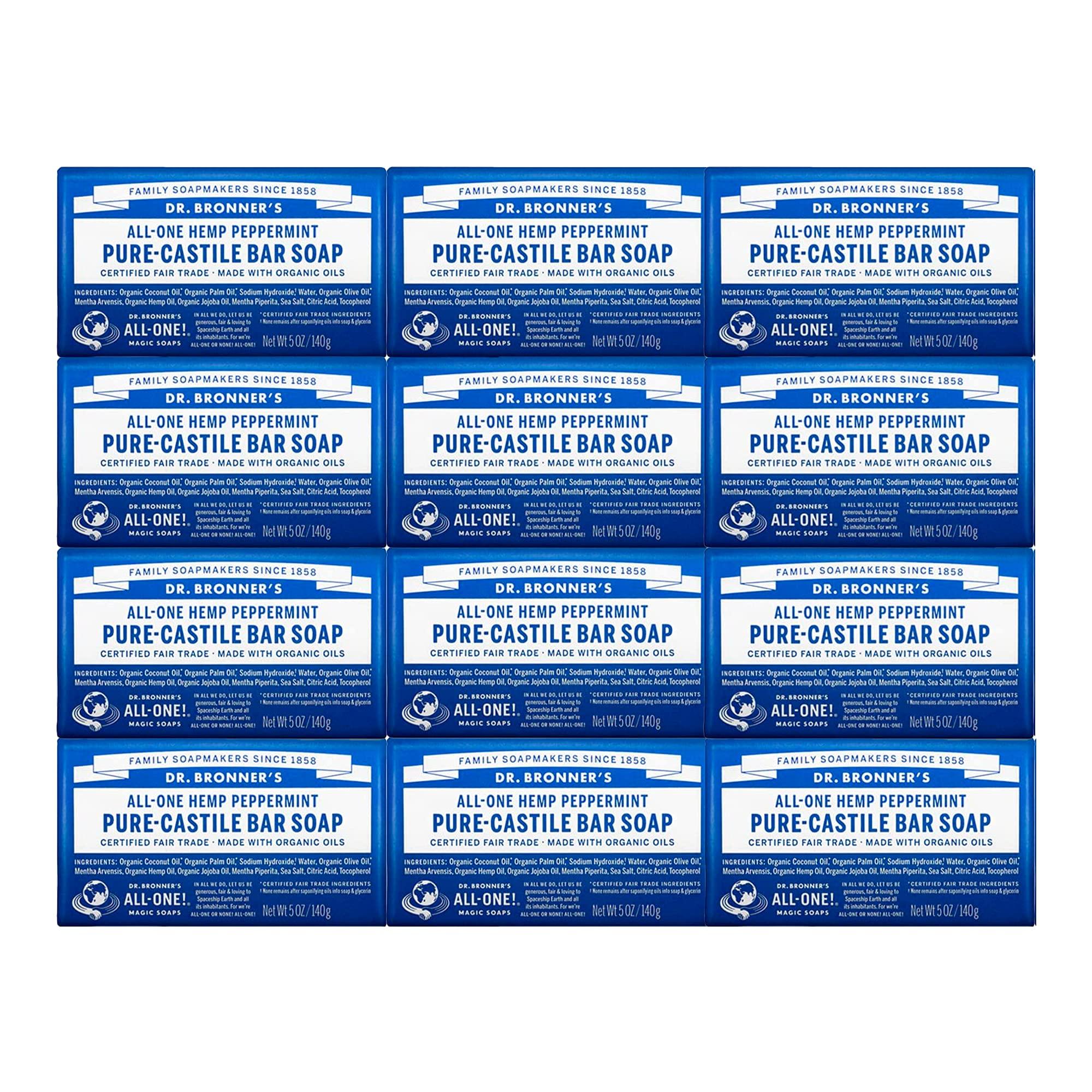 Dr. Bronner's Dr. Bronner's - Pure-Castile Bar Soap (Peppermint, 5 Ounce, 12-Pack) - Made with Organic Oils, For Face, Body & Hair, Gentle & Moisturizing, Biodegradable, Vegan, Cruelty-free, Non-GMO