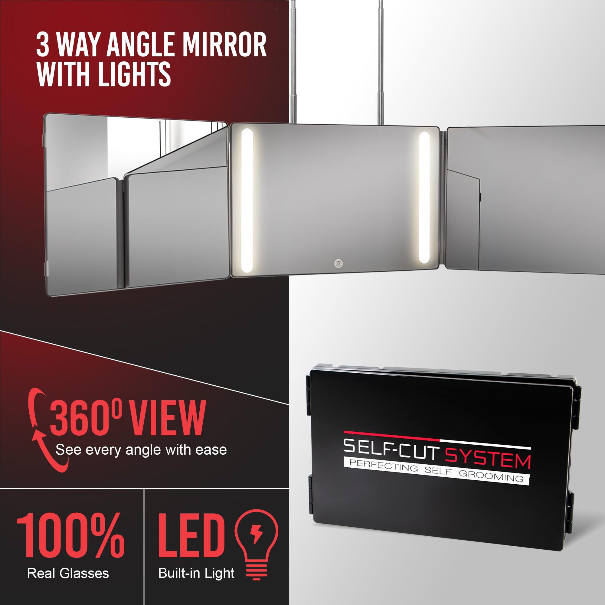 Self-Cut System Self-Cut System - 3 Way Mirror with Lights - Three Way Mirror for Self Hair Cutting - Over The Door Mirror - Trifold Mirror - 360 Mirror - Barber Mirror - Self Haircut Mirror (Travel 3.0 LED)