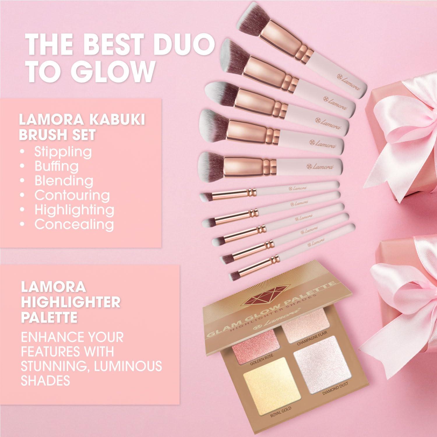 Lamora Kabuki Makeup Brush Set with Powder Highlighter Palette