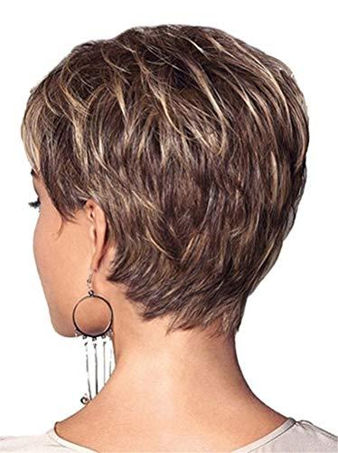 Andongnywell-Accessories Short Fluffy Wigs Heat Resistant Synthetic Fiber Hair Extension Replacement Wig Pixie Cut Human Hair Mixed Hair Wig (Gold Brown,One Size)