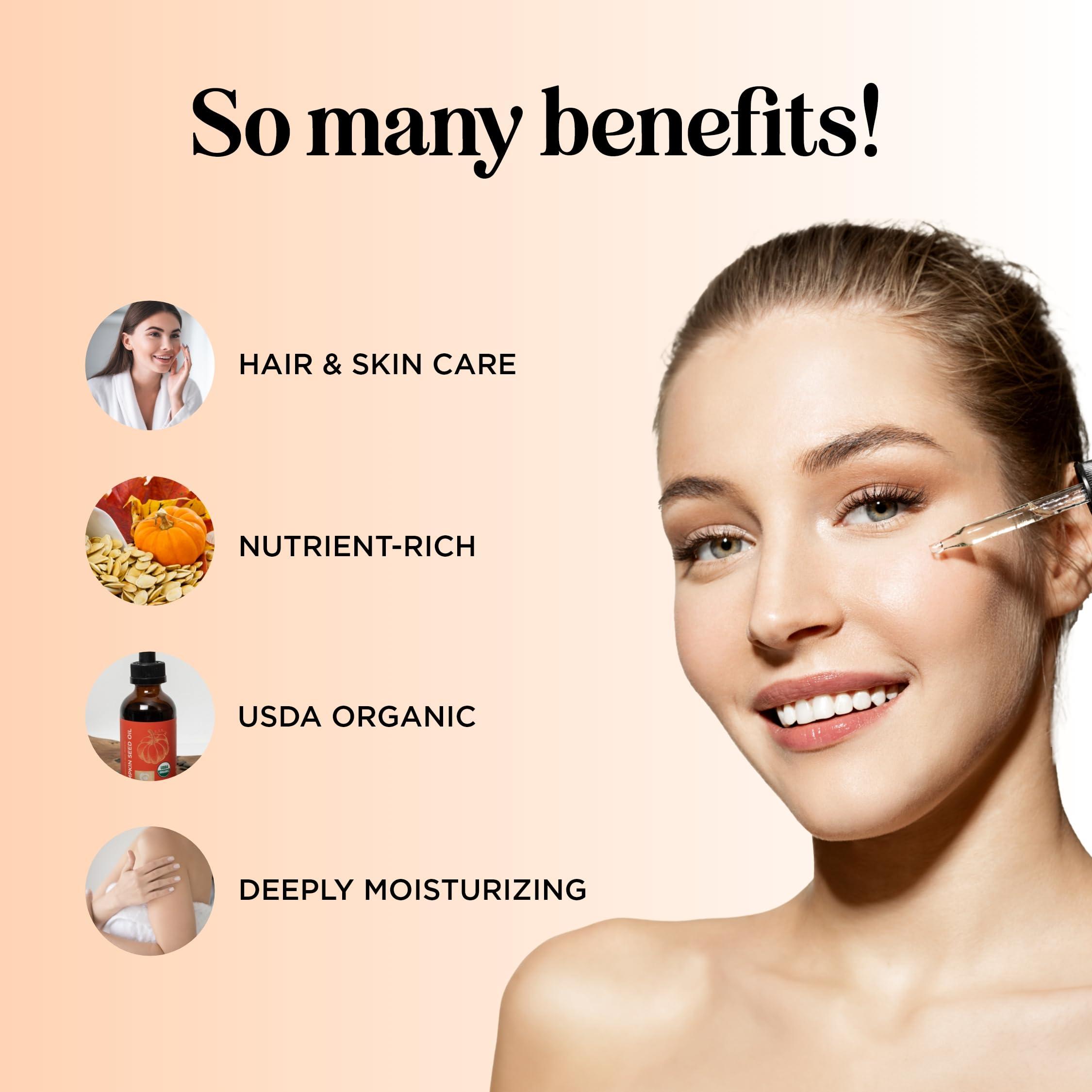 Maple Holistics USDA Organic Pumpkin Seed Oil - 100% Pure Pumpkin Seed Oil for Hair Growth Dry Skin and Anti Aging Face Oil - Organic Hair Oil for Dry Damaged Hair and Growth - Virgin Cold Pressed & Unrefined (4oz)