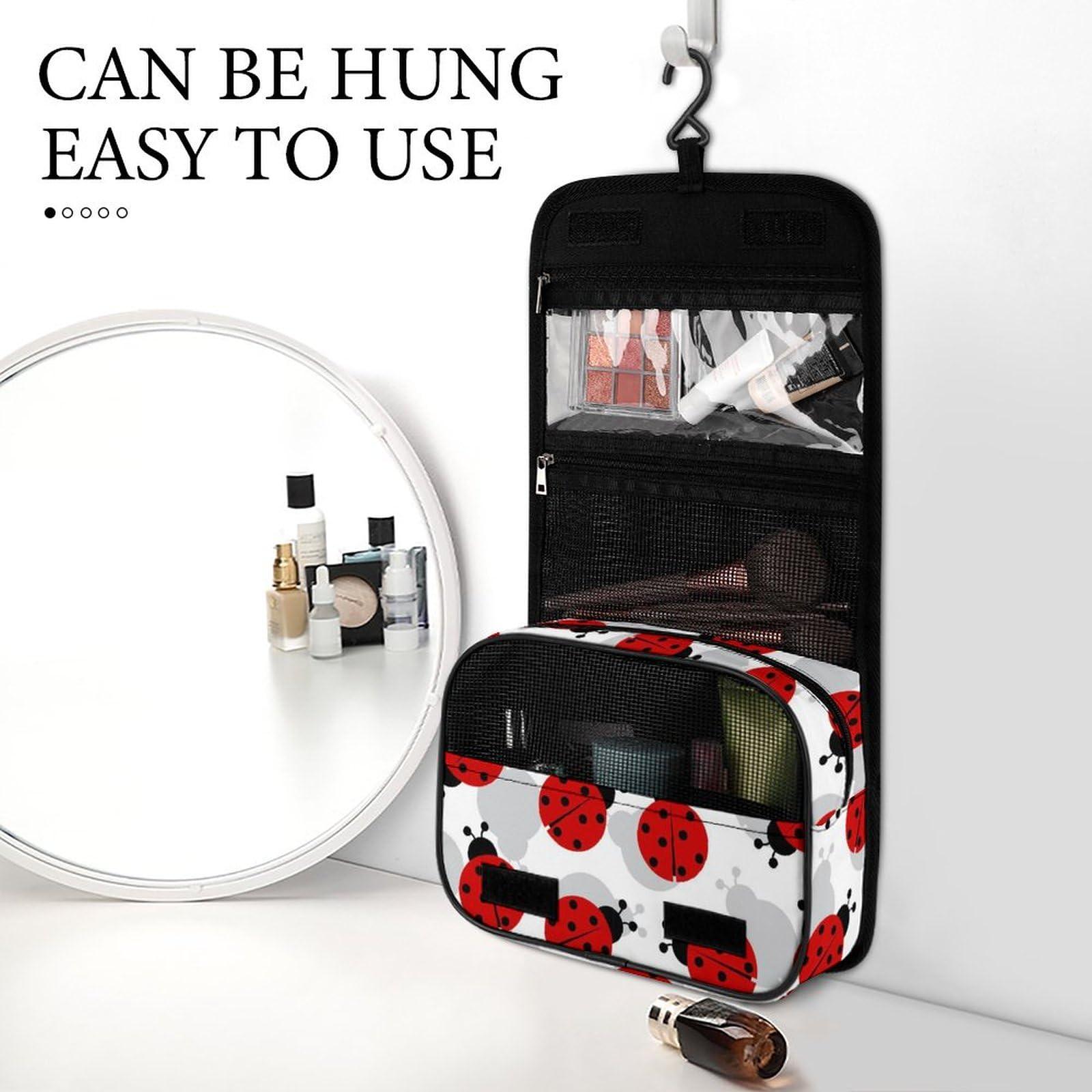 Meaudiwes Travel Hanging Toiletry Bag, Makeup Bag, Organizer Extra Large Toiletries Bag, Multifunction Cosmetic Bag For Women Men Compatible with Red Black Dots Ladybugs Pattern