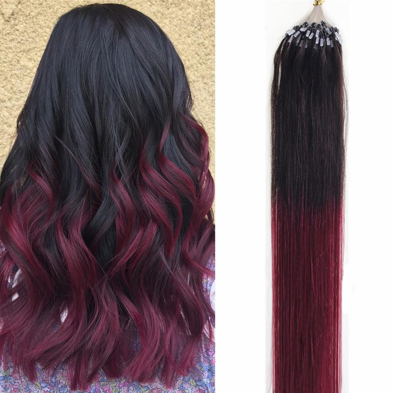 Yotty Yotty Micro Ring Human Hair Extensions Micro Beads Link Micro Loop Remy Hair Extensions Ombre Color Off Black to Burgundy Red 26inch 100strands per pack 50g