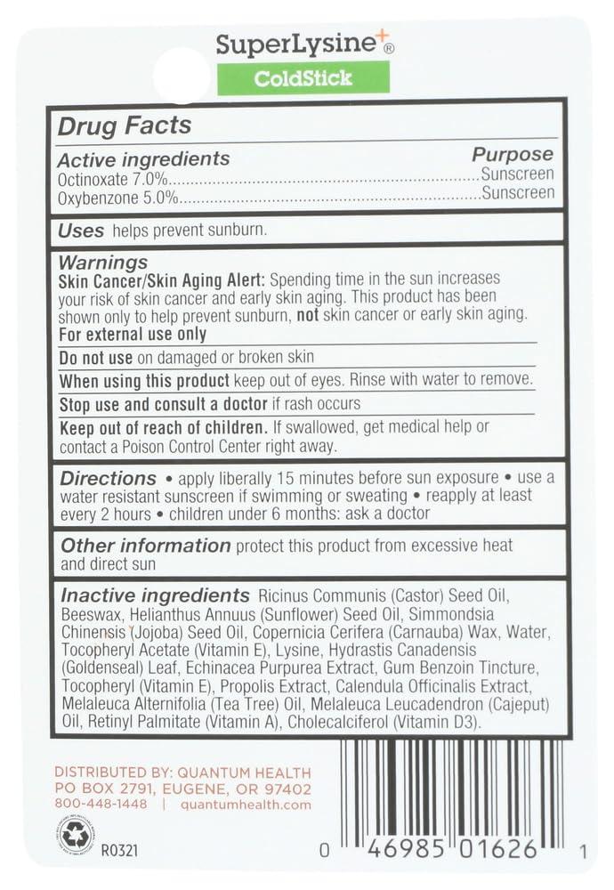 Quantum Quantum Super Lysine and Cold Stick Tube Lip Protector and Cold Sore Treatment - 0.18 oz (Pack of 2)