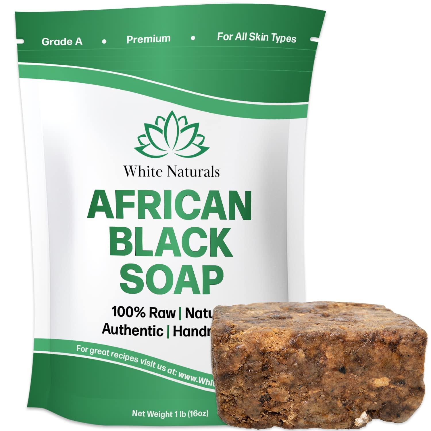 White Naturals Raw African Black Soap 1lb Bar, for Dry Skin and Skin Conditions, Pure & Natural Ingredients, Imported From Ghana