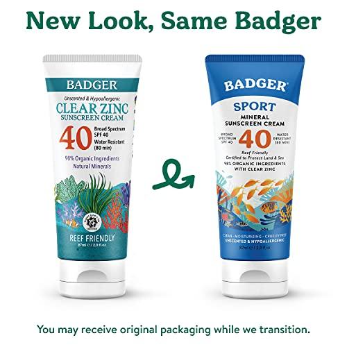 Badger Badger Reef Safe Sunscreen, SPF 40 Sport Mineral Sunscreen, 98% Organic Sunscreen Ingredients, Broad Spectrum, Water Resistant, Zinc Oxide Sunscreen, Unscented, 2.9 fl oz (2 Pack)
