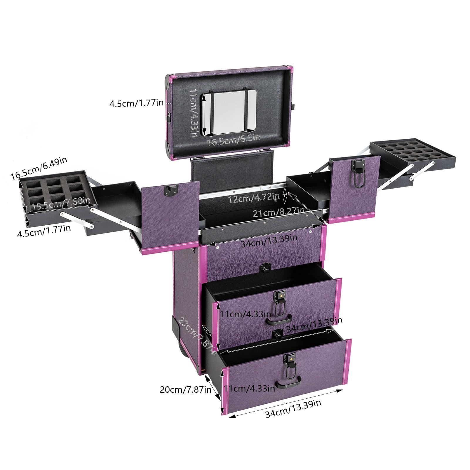CapBoator 3 in 1 Professional Makeup Trolley Cart, Large Storage Rolling Makeup Case 4 Tray 2 Drawer, Lockable Cosmetic Train Case with Wheels, Salon Barber Case Traveling Cart for Hairstylist, Black (Purple)